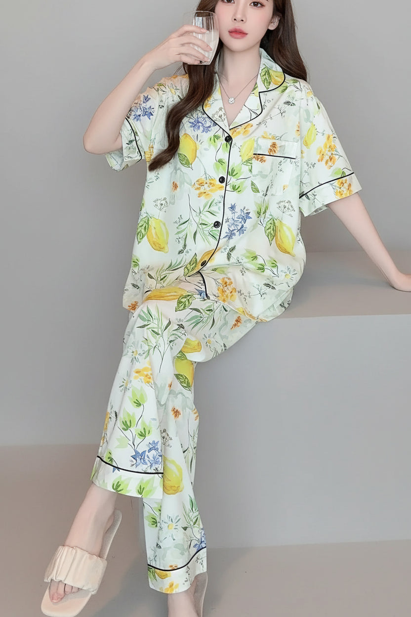 Elegant Floral Print Pajama Set Short Sleeve (5)
