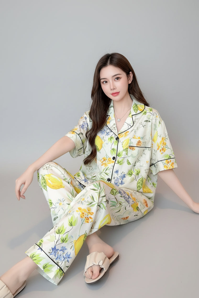 Elegant Floral Print Pajama Set Short Sleeve (1)