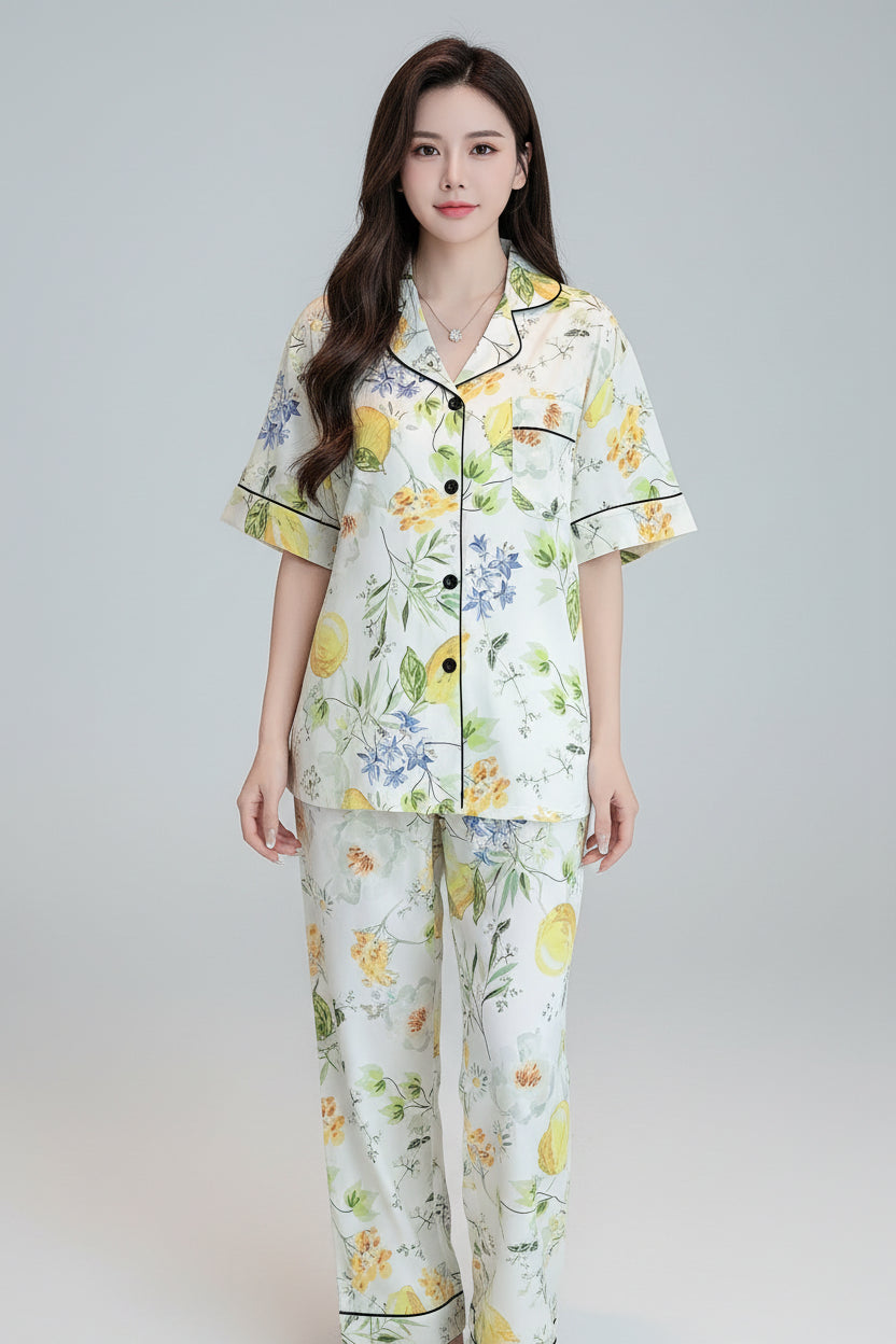 Elegant Floral Print Pajama Set Short Sleeve (4)