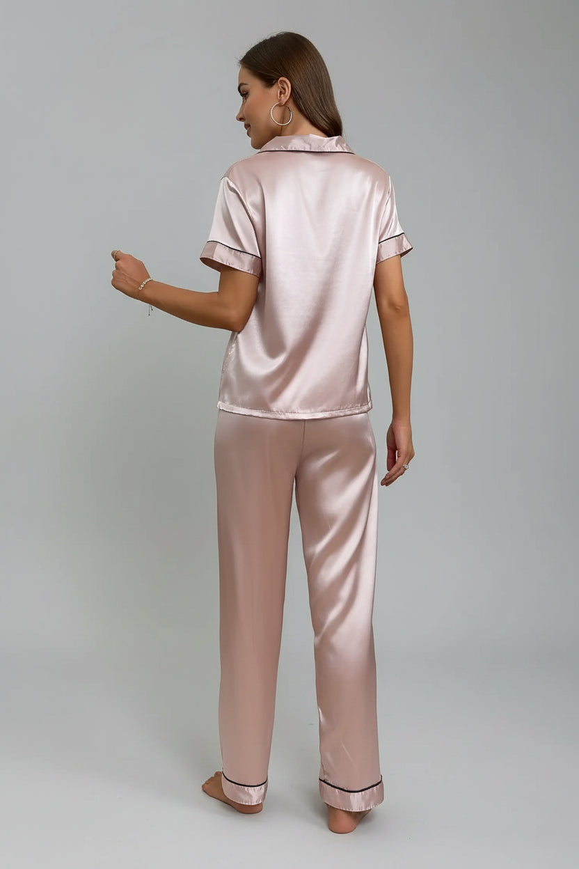 Pink Satin Short Sleeve Top and Pants Pajamas Set (2)