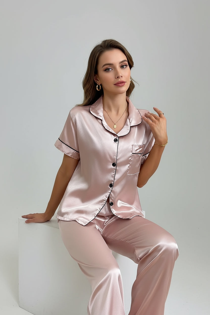 Pink Satin Short Sleeve Top and Pants Pajamas Set (5)