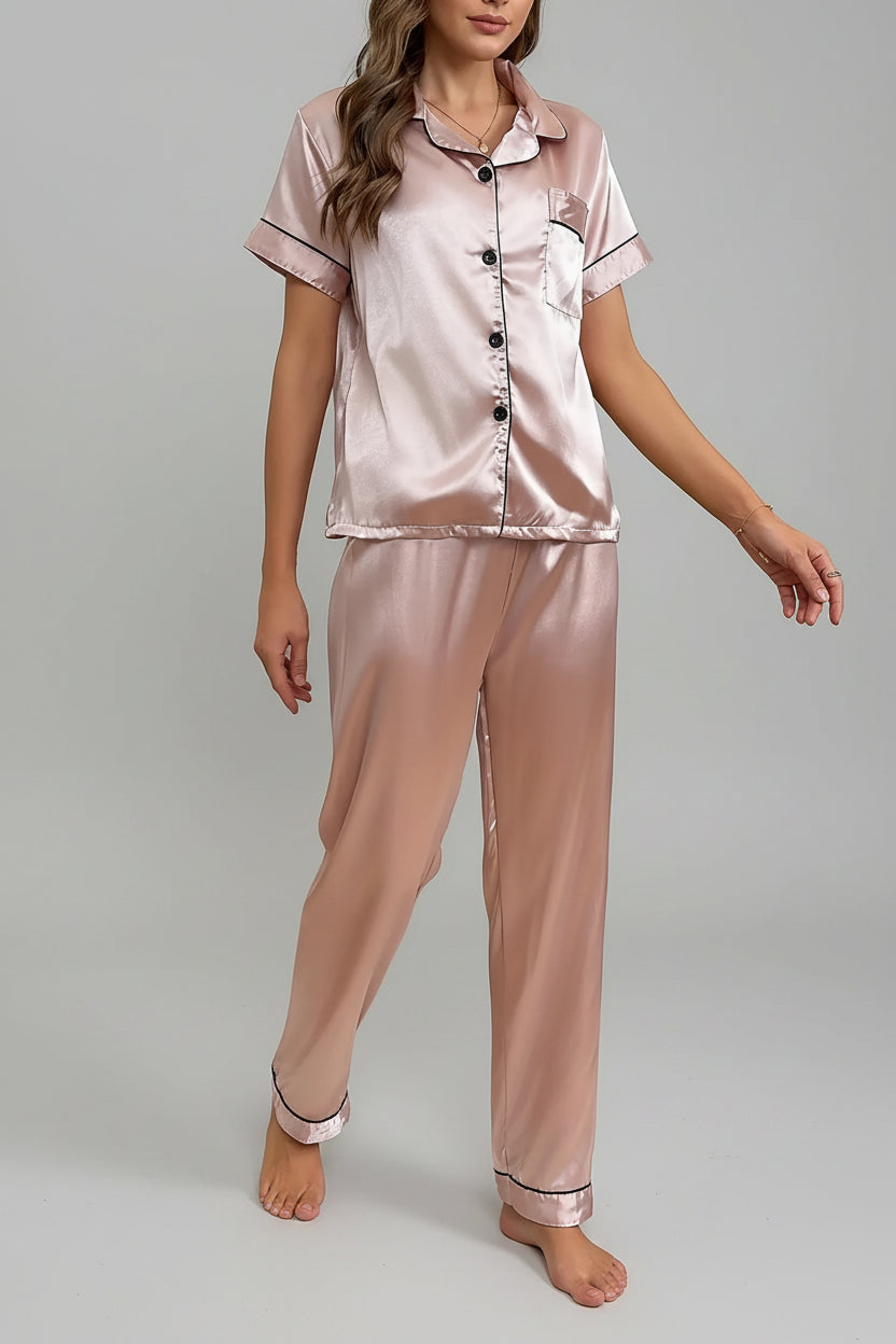 Pink Satin Short Sleeve Top and Pants Pajamas Set (4)