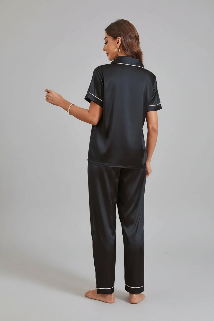 Black Embroidered Satin Pajama Set Short Sleeve Long Pants (5)