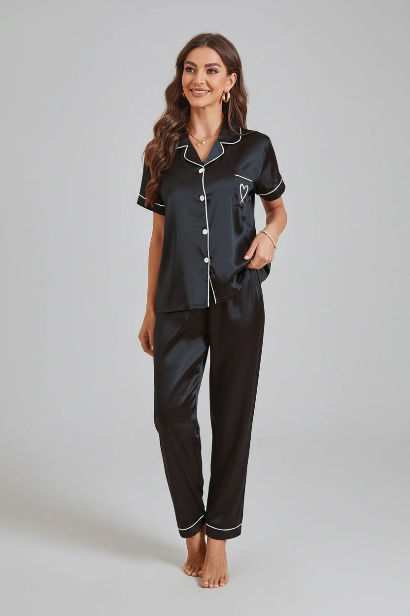 Black Embroidered Satin Pajama Set Short Sleeve Long Pants (3)