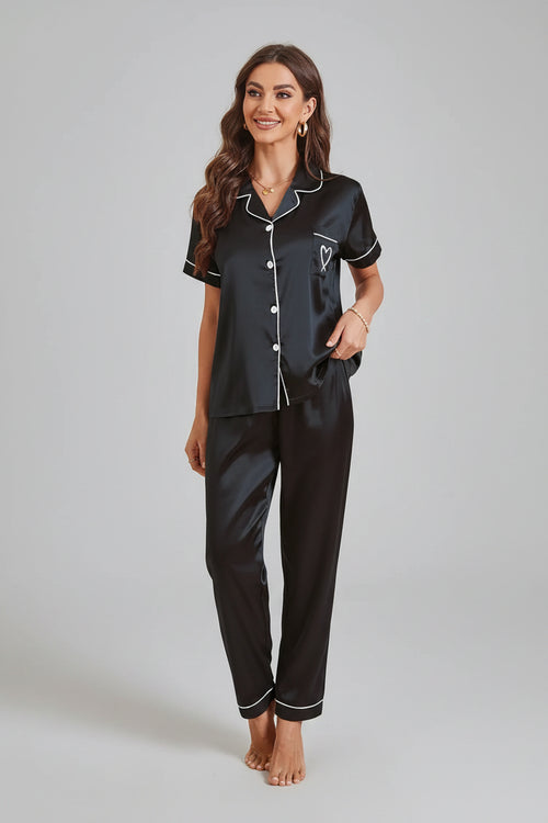Black Embroidered Satin Pajama Set Short Sleeve Long Pants (3)