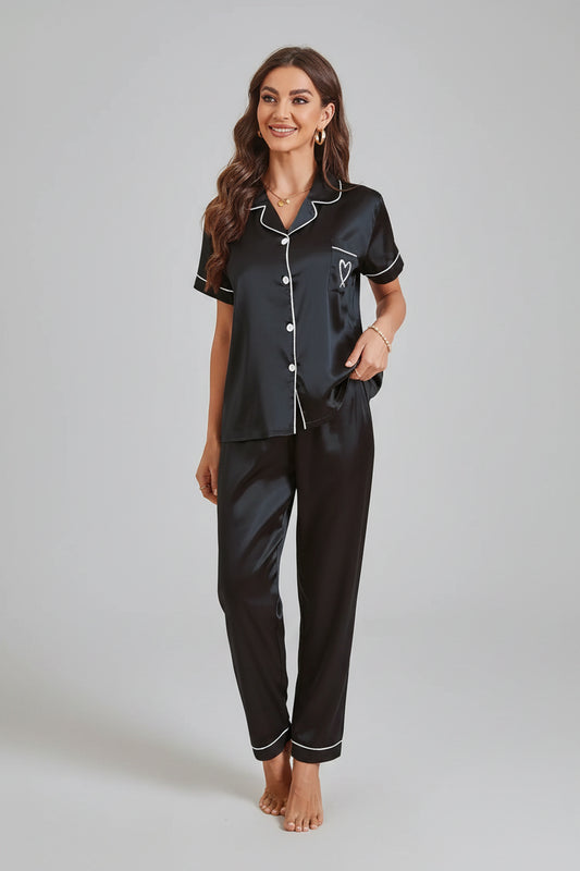 Black Embroidered Satin Pajama Set Short Sleeve Long Pants (3)