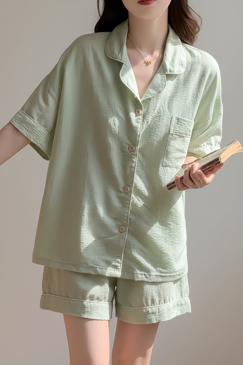 Green Loose Large Size Fashion Simple Collar Pajamas (2)